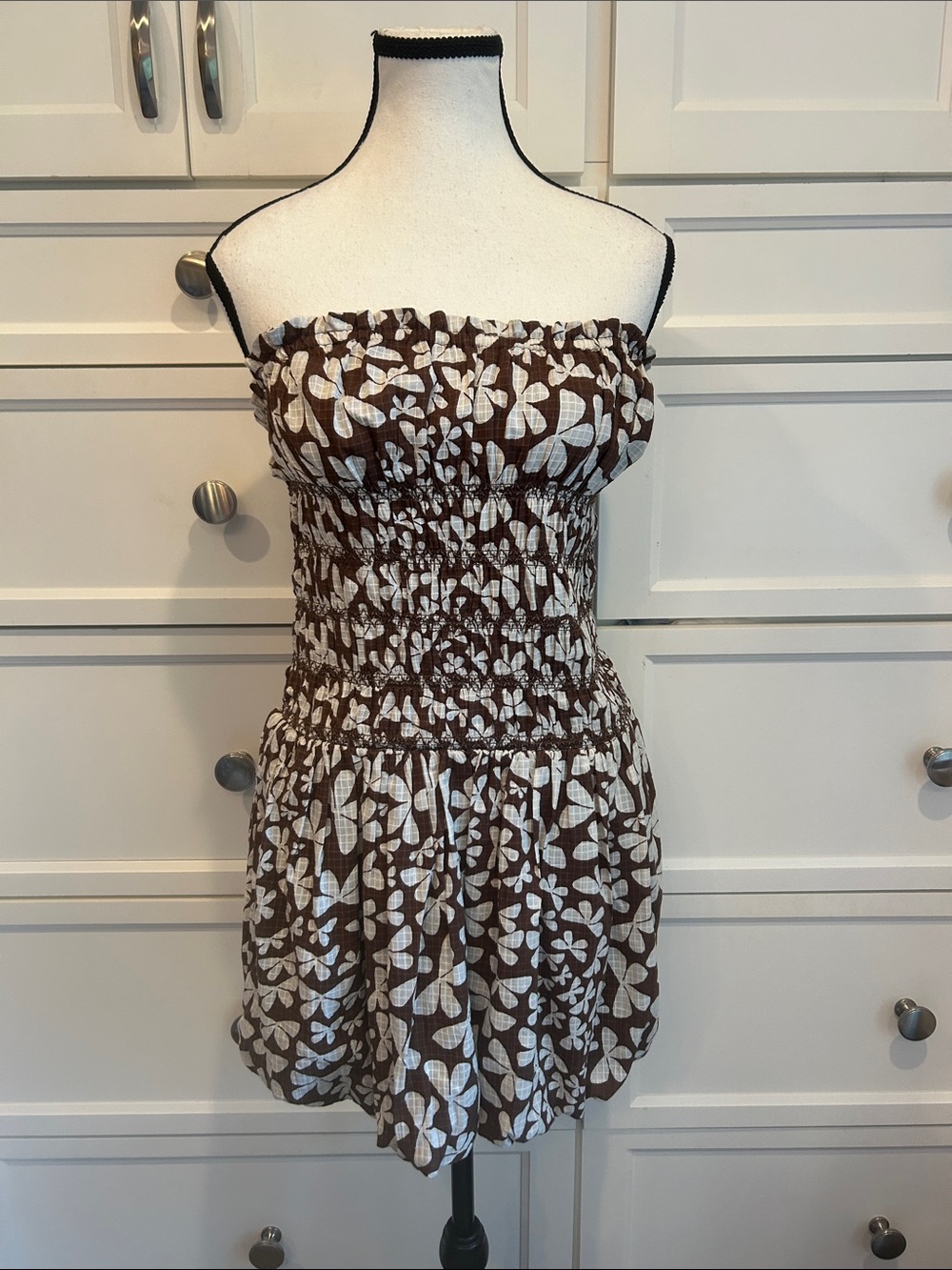 Free People Brown Floral Bubble Hem Smocked Waist Dress
